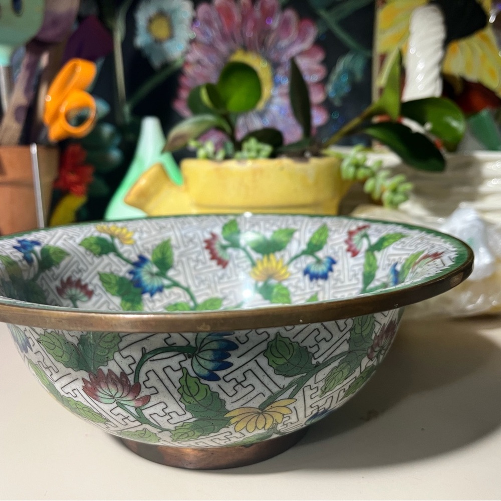 Floral Cloisonné Enamel Decorative Bowl in Green, Blue, Yellow